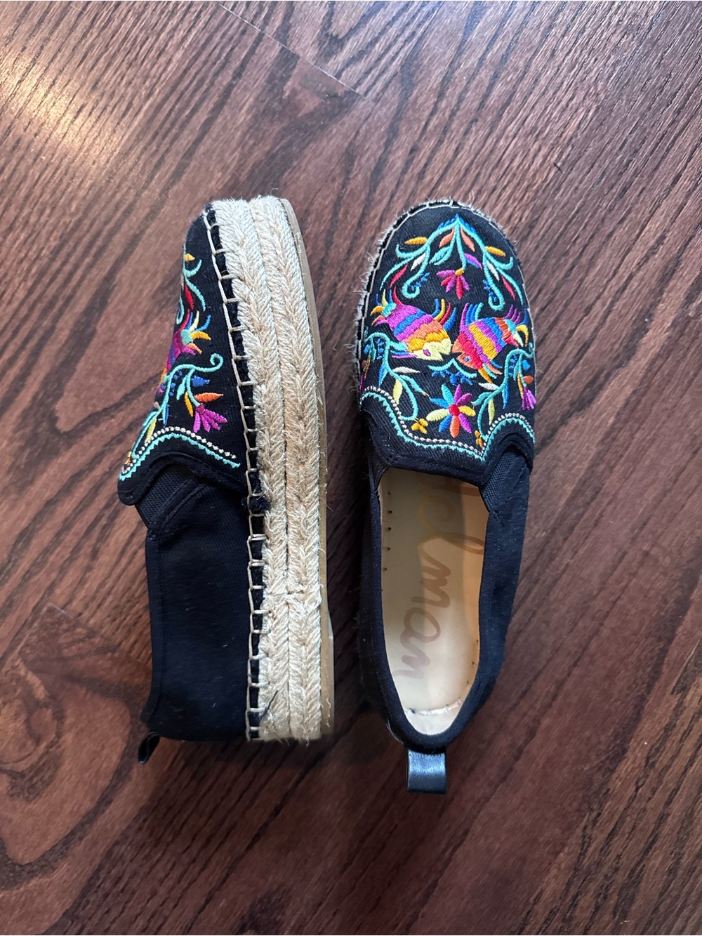 Sam Edelman Black Espadrille Slip-Ons with Multicolor Floral Embroidery